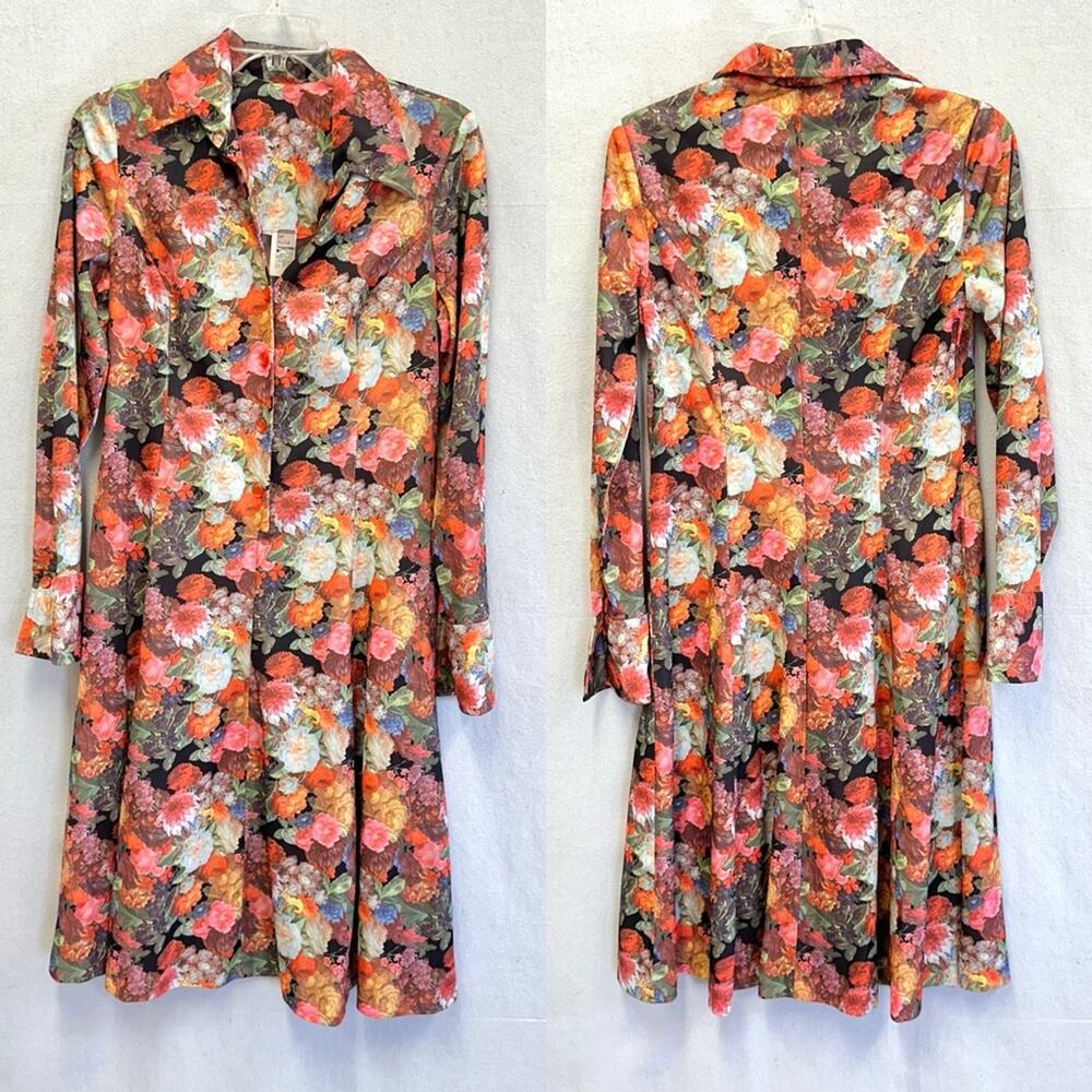 Vintage 70s Garden Colorful Floral Button Down Midi Shirt Dress Size 14 - Picture 2 of 16